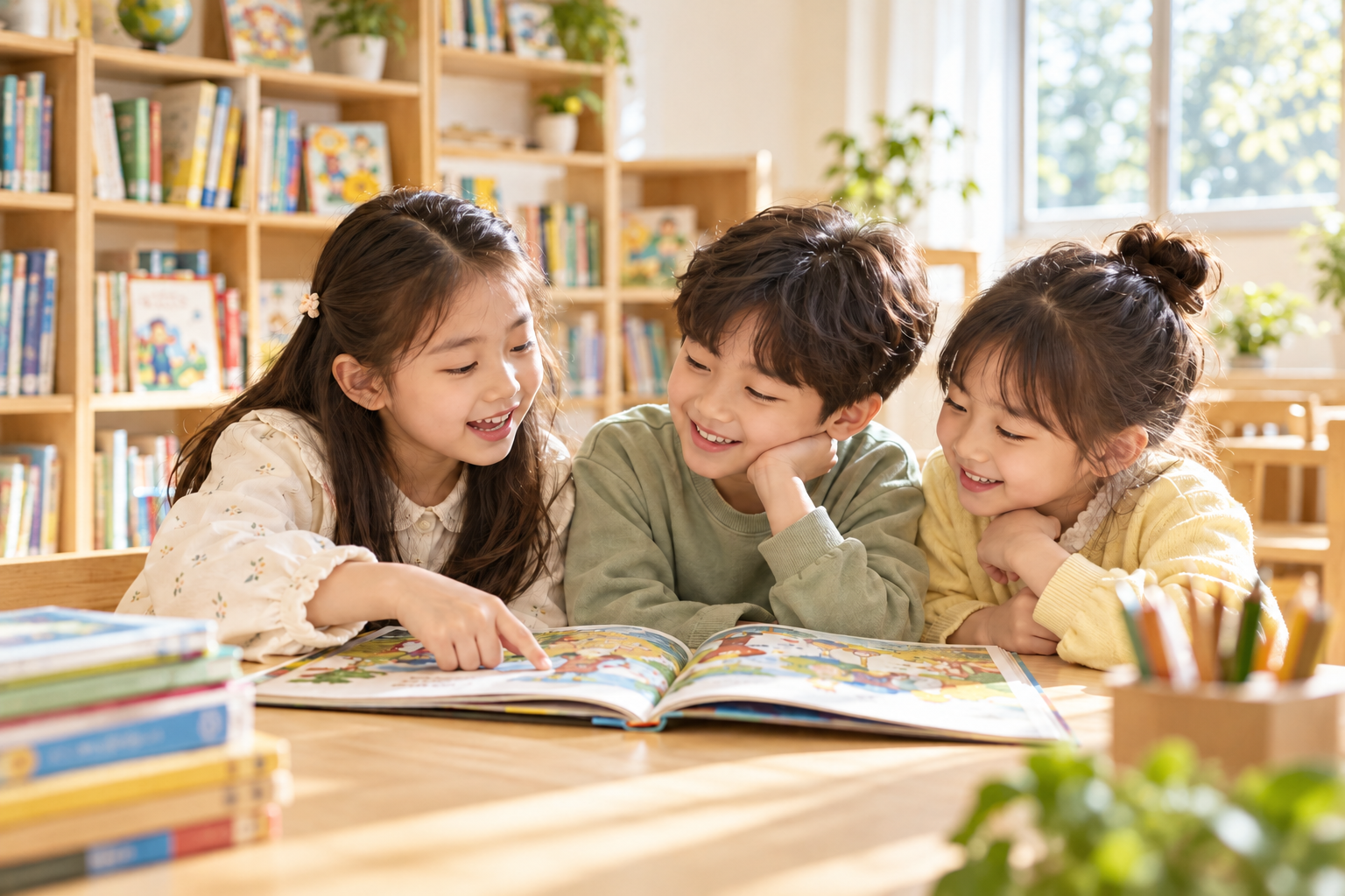햇살이 드는 영어도서관에서 세 아이가 그림책을 함께 보며 이야기하는 모습. 아이들과 책, 원목 책장이 사진 전체에 자연스럽게 담겨 있습니다.